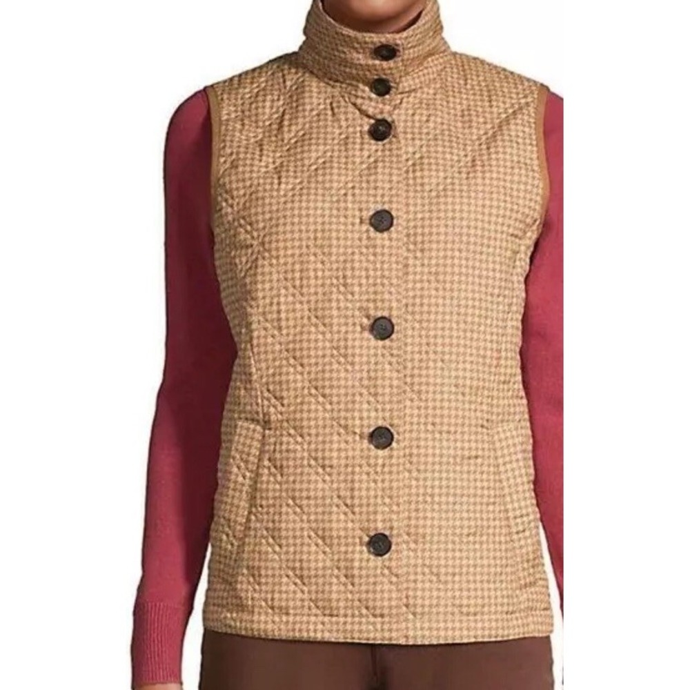 LANDS'‎ END S Insulated Packable Quilted Houndstooth Barn Vest NWT $90 Pecan